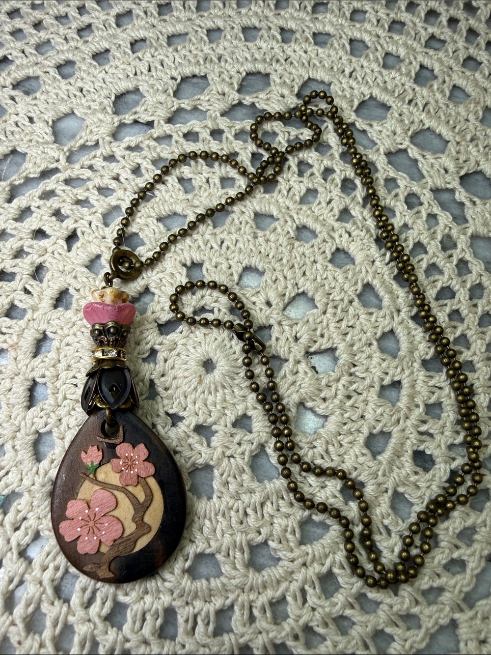 Floral Pink Wood Teardrop Pendant 26” Necklace - Women Jewelry